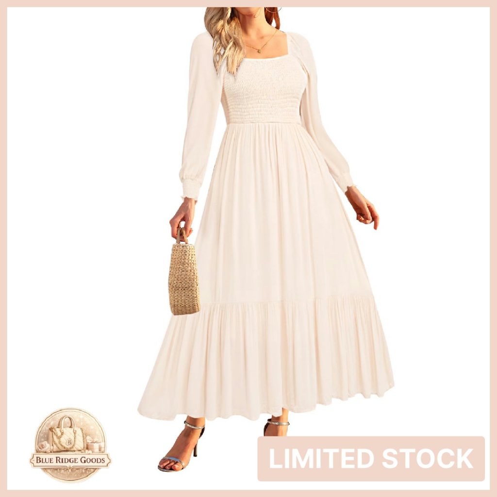 Boho Square Neck Smocked Maxi Dress Flowy A-Line Puff Sleeve Elegant